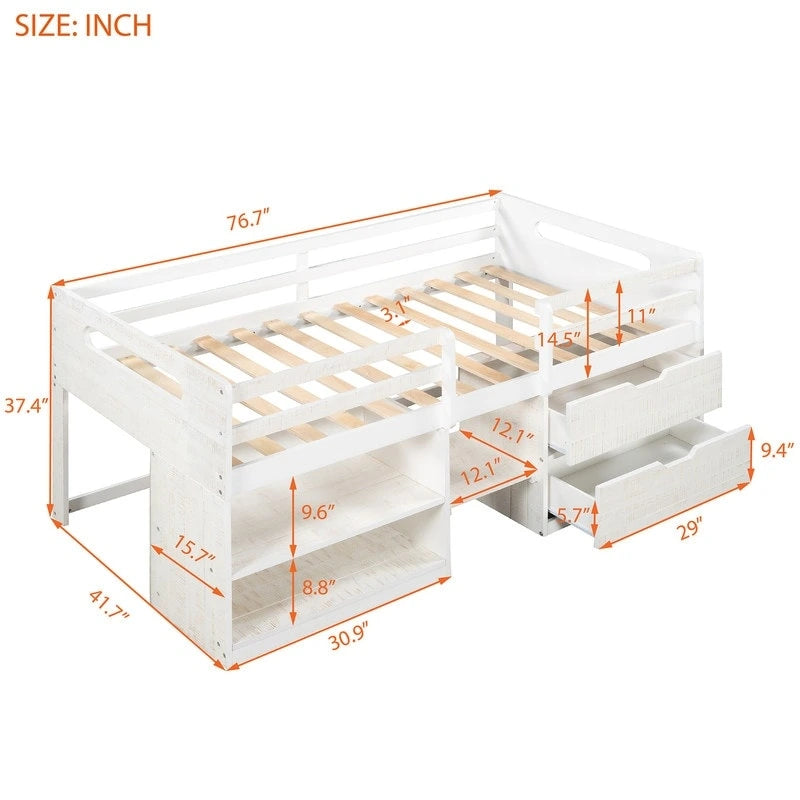 Twin Loft Bed with Storage and Drawers, Low Loft Bed Frame with 2 Shelves and 2 Drawers, No Box Spring Needed-3