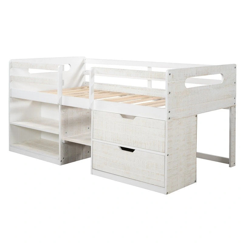 Twin Loft Bed with Storage and Drawers, Low Loft Bed Frame with 2 Shelves and 2 Drawers, No Box Spring Needed-4