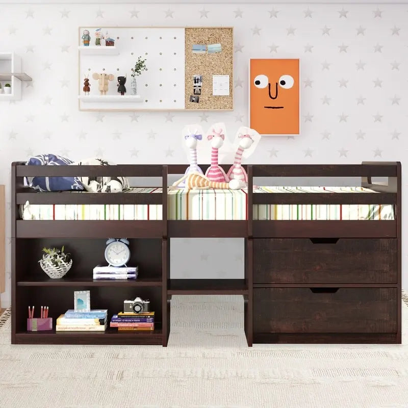 Twin Loft Bed with Storage and Drawers, Low Loft Bed Frame with 2 Shelves and 2 Drawers, No Box Spring Needed-1