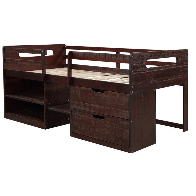Twin Loft Bed with Storage and Drawers, Low Loft Bed Frame with 2 Shelves and 2 Drawers, No Box Spring Needed-11