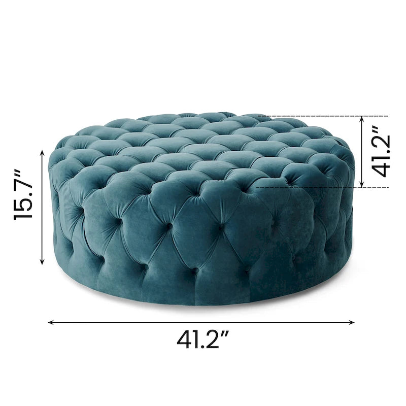 Round Tufted Velvet Ottoman with Casters - Blue/Grey-4