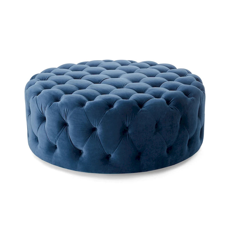 Round Tufted Velvet Ottoman with Casters - Blue/Grey-5