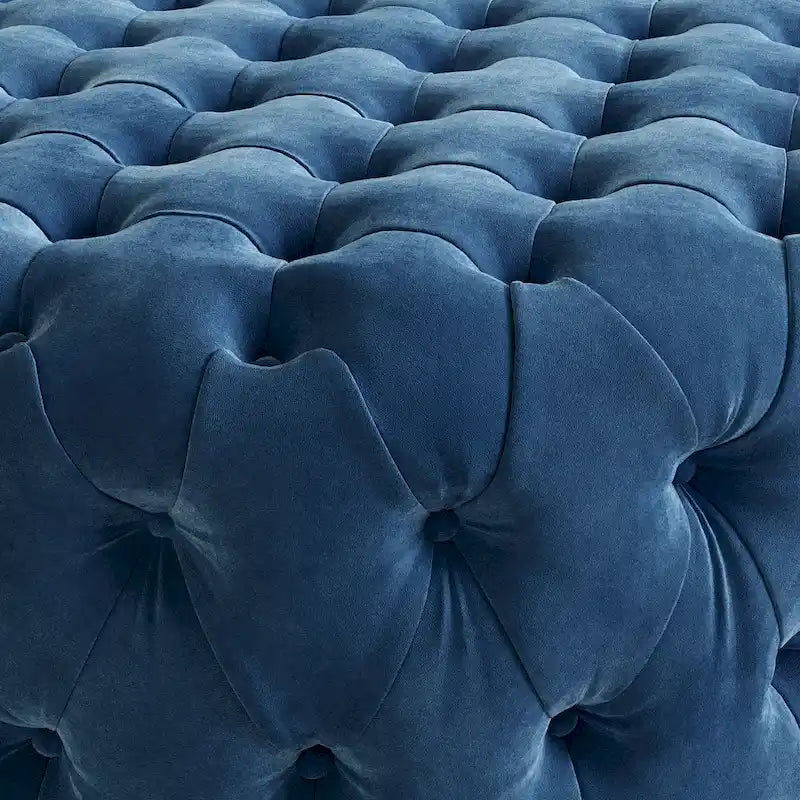 Round Tufted Velvet Ottoman with Casters - Blue/Grey-6