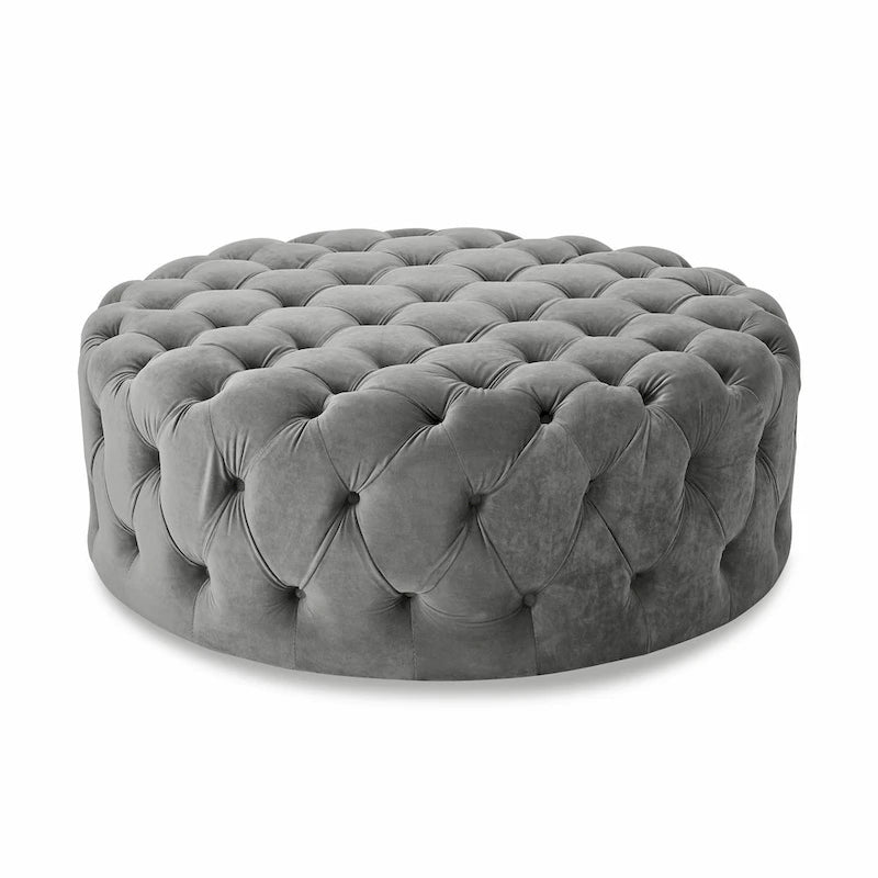 Round Tufted Velvet Ottoman with Casters - Blue/Grey-8