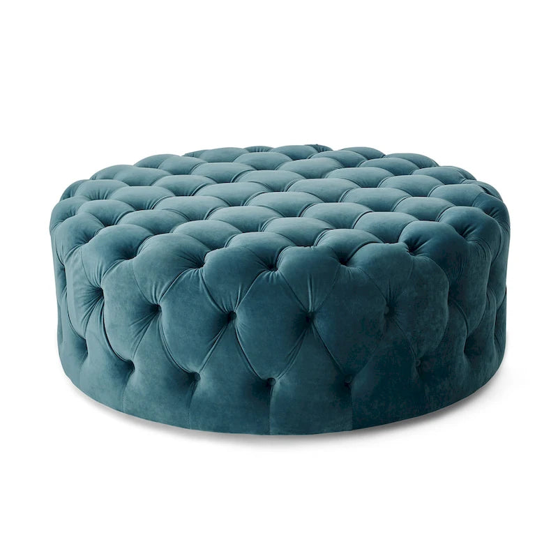 Round Tufted Velvet Ottoman with Casters - Blue/Grey-11