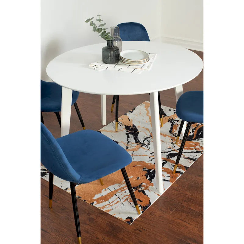 White Round Dining Table Set with 4 Velvet Chairs