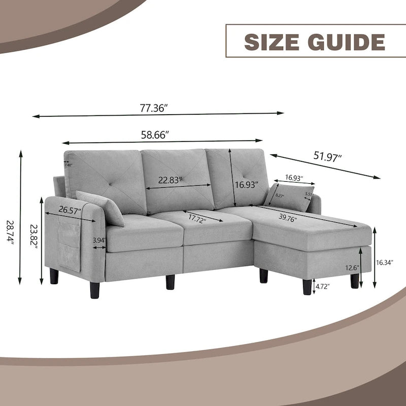 77.36 Inches Modern Sectional Sofa with Reversible Ottoman and Side Storage Pocket-20