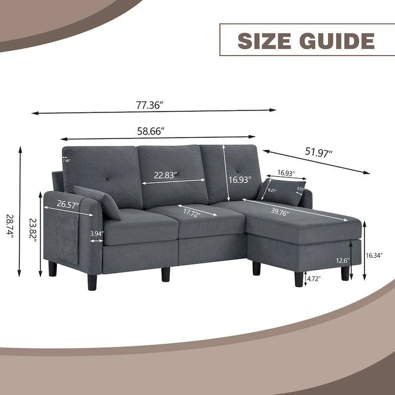 77.36 Inches Modern Sectional Sofa with Reversible Ottoman and Side Storage Pocket-30