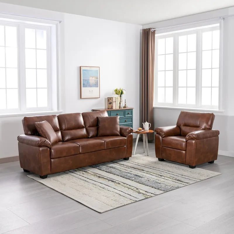 Faux Leather 2-Piece Sofa Set - Chair & 3-Seater (Black/Brown/White)