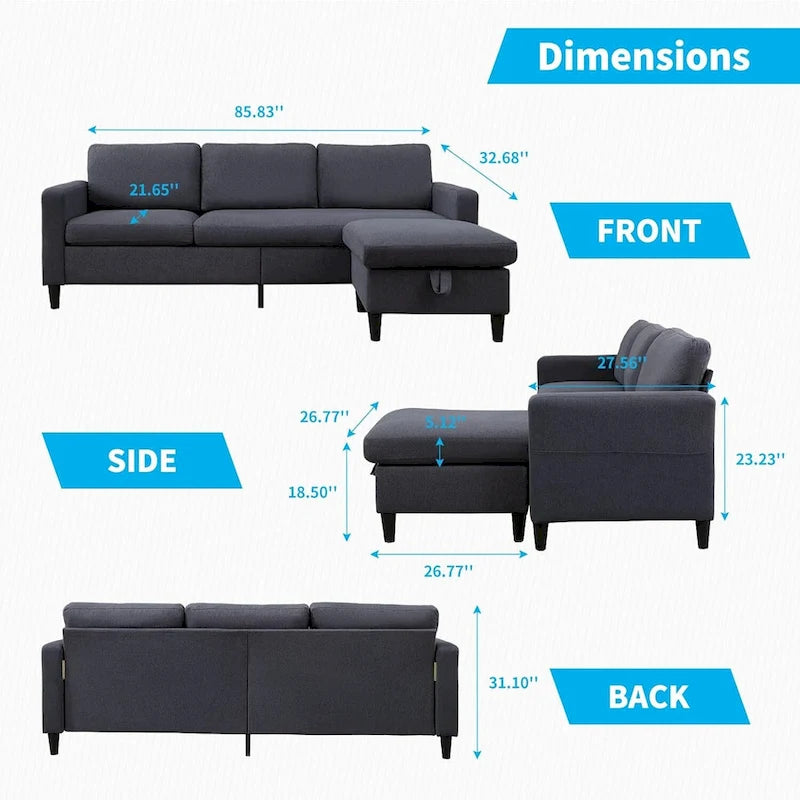 Mixoy Convertible L-Shaped Sectional 3-Seat Sofa with Storage Ottoman,Reversible Chaise - 85.83in x 27.95in x 30.71in
