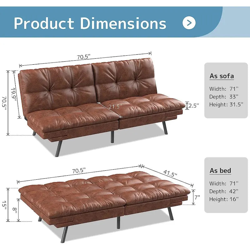 Futon Sofa Bed, Memory Foam Foldable Couch Convertible Loveseat Sleeper Daybed with Adjustable Armrests for Small Space-2