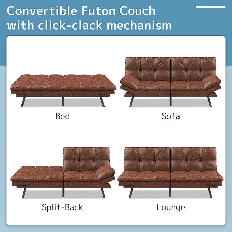 Futon Sofa Bed, Memory Foam Foldable Couch Convertible Loveseat Sleeper Daybed with Adjustable Armrests for Small Space-4