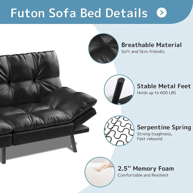 Futon Sofa Bed, Memory Foam Foldable Couch Convertible Loveseat Sleeper Daybed with Adjustable Armrests for Small Space-12
