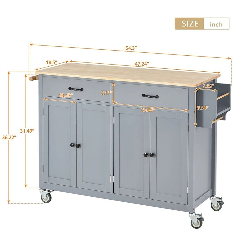 54.3 W Solid Wood Countertop Kitchen Cart with 4 Door Cabinet and 2 Drawers-18