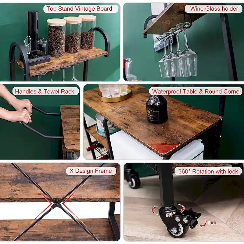 Storage Bar Cart Kitchen Shelf Serving Cart With Wine Rack