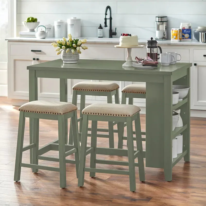 Counter Height Storage Table with Shelves - Grey/Sage Green/Antique White
