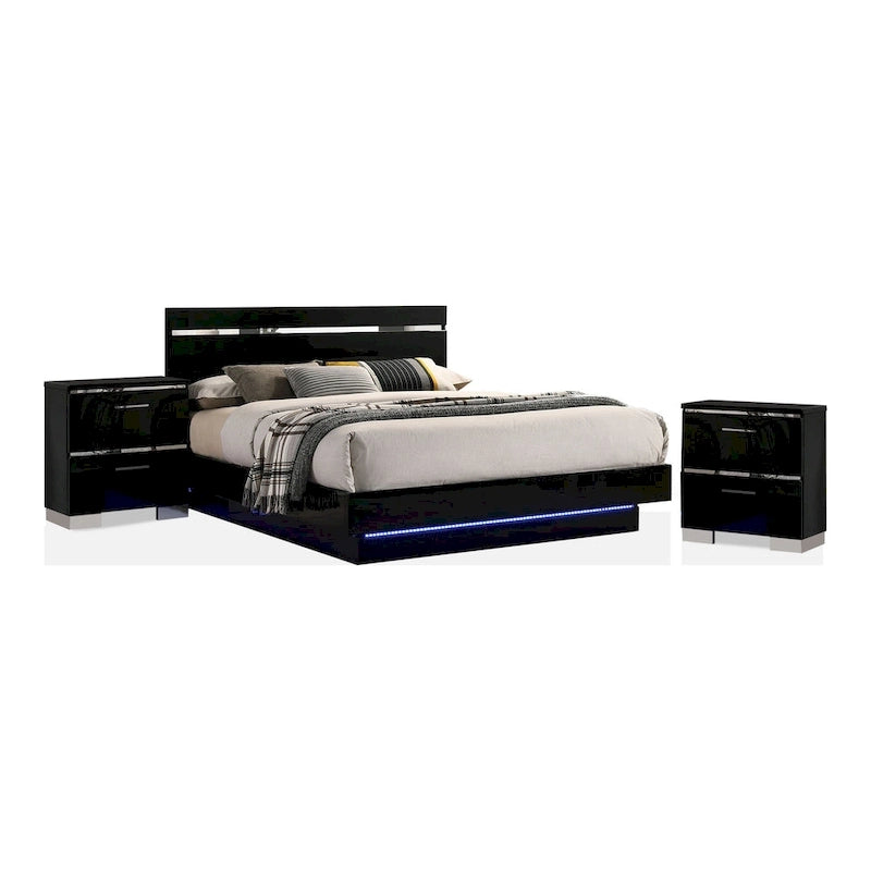 Black High Gloss Panel Bed with LED Lights and 2 Nightstands - 3-Piece Set
