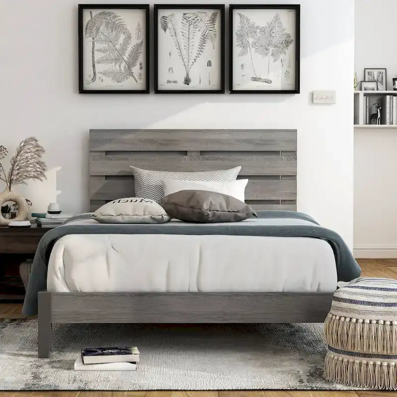 Grey Wood Platform Bed - Rustic Slatted Headboard - Queen/Cal King