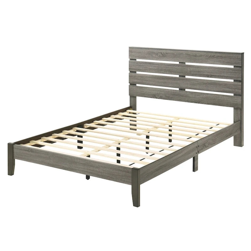 Grey Wood Platform Bed - Rustic Slatted Headboard - Queen/Cal King