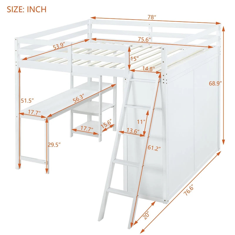 Full Size Loft Bed with Wardrobe and Desk and Shelves, Gray-6