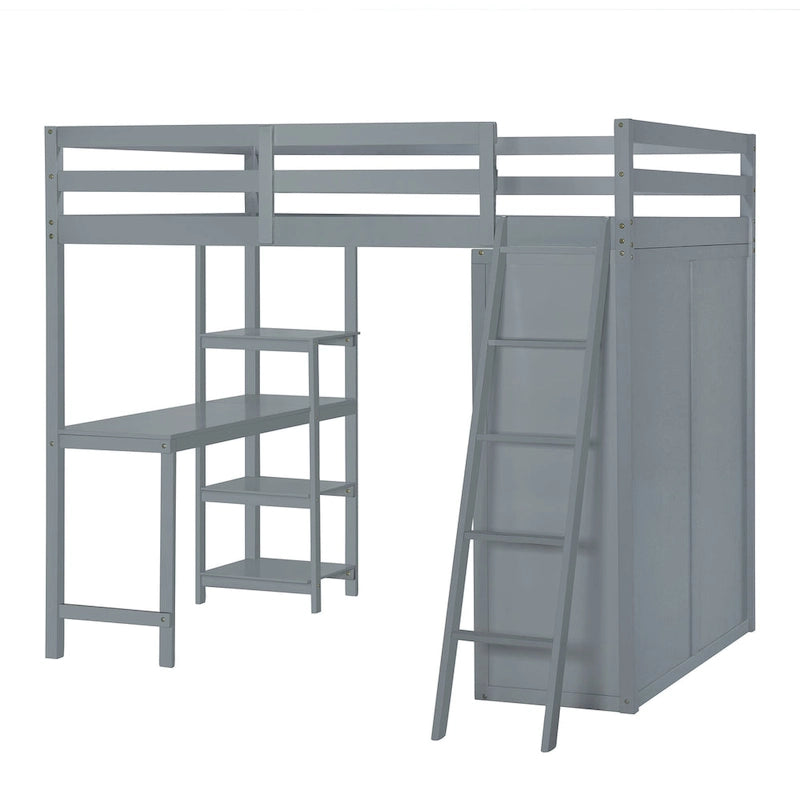 Full Size Loft Bed with Wardrobe and Desk and Shelves, Gray-9