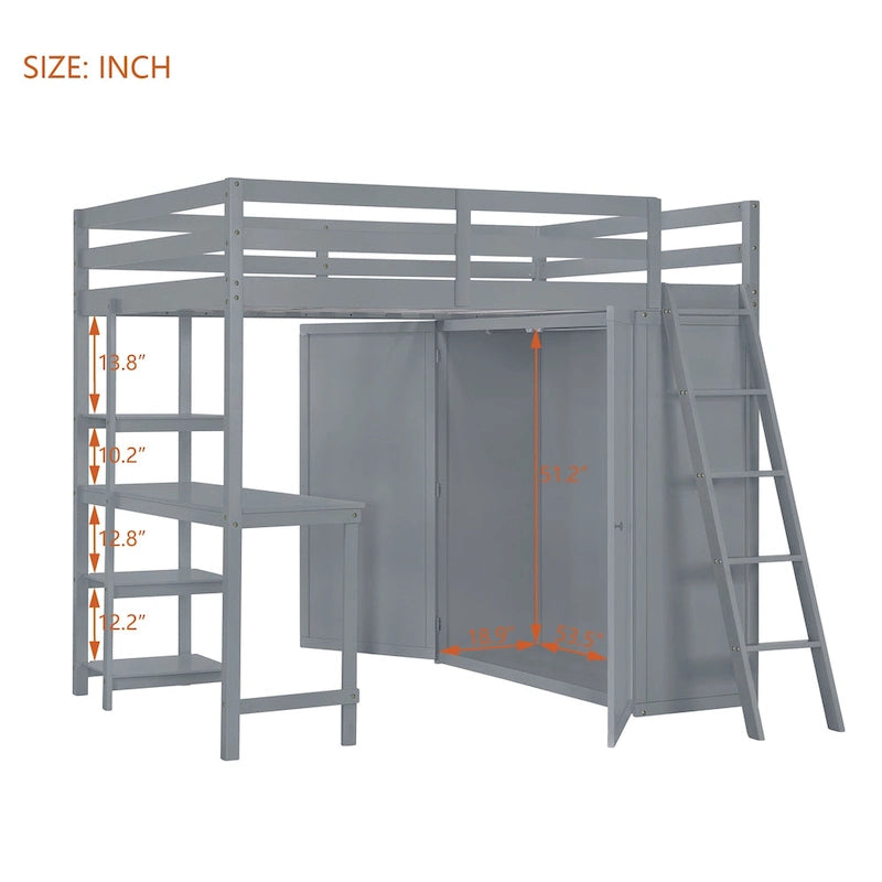 Full Size Loft Bed with Wardrobe and Desk and Shelves, Gray-11