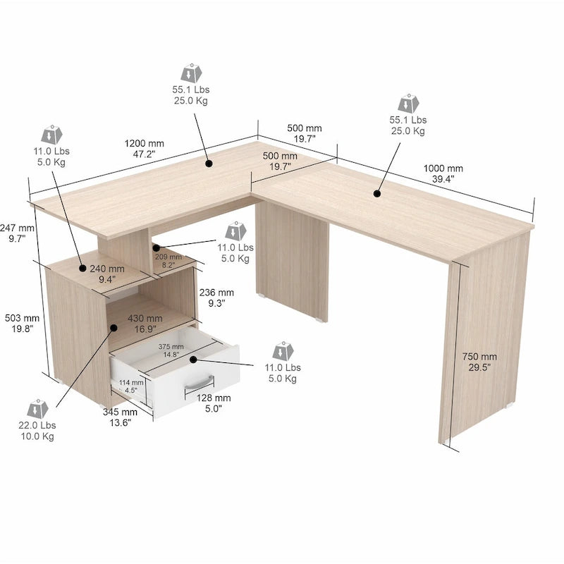 Maple White L-Shape Corner Desk with Drawer-6