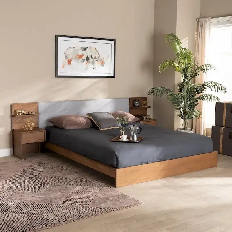 Light Grey Queen Storage Bed with Built-In Nightstands - Walnut Brown