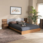 Light Grey Queen Storage Bed with Built-In Nightstands - Walnut Brown