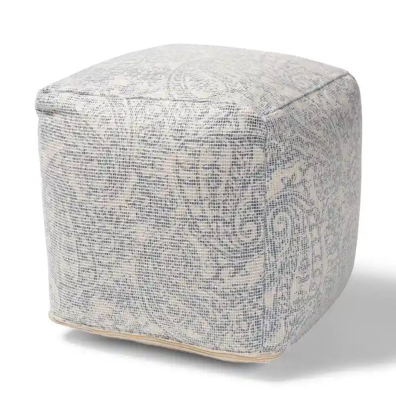 Grey Blue Paisley Pouf Ottoman - Handwoven Cotton-14