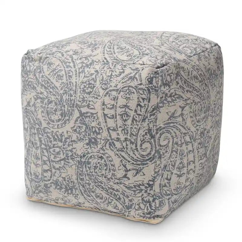 Grey Blue Paisley Pouf Ottoman - Handwoven Cotton