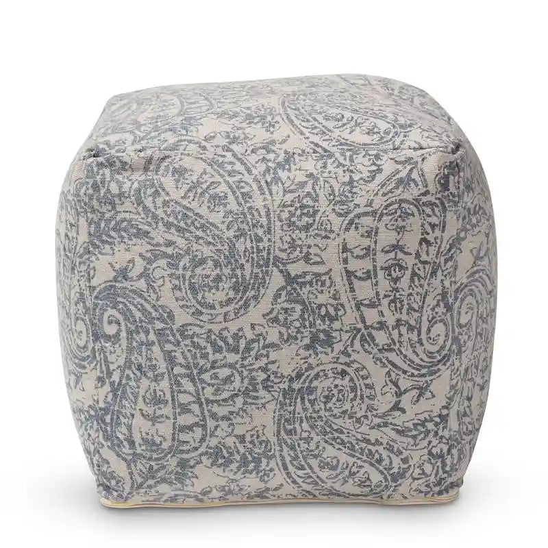 Grey Blue Paisley Pouf Ottoman - Handwoven Cotton-3