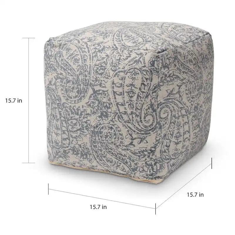 Grey Blue Paisley Pouf Ottoman - Handwoven Cotton-5