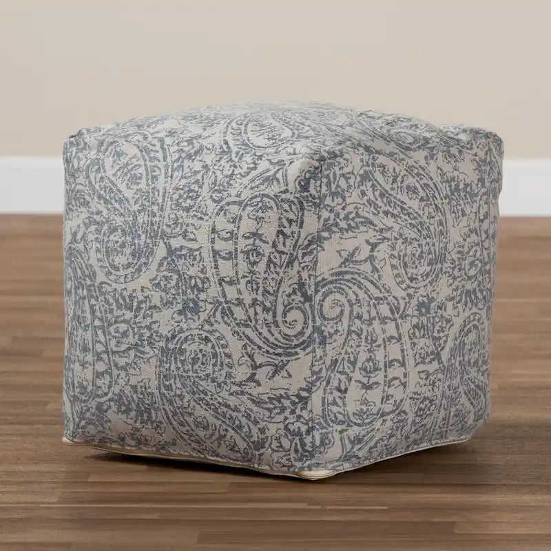 Grey Blue Paisley Pouf Ottoman - Handwoven Cotton-6
