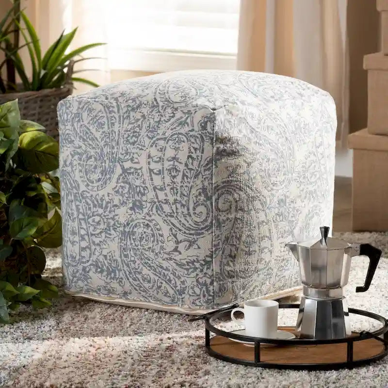 Grey Blue Paisley Pouf Ottoman - Handwoven Cotton-7