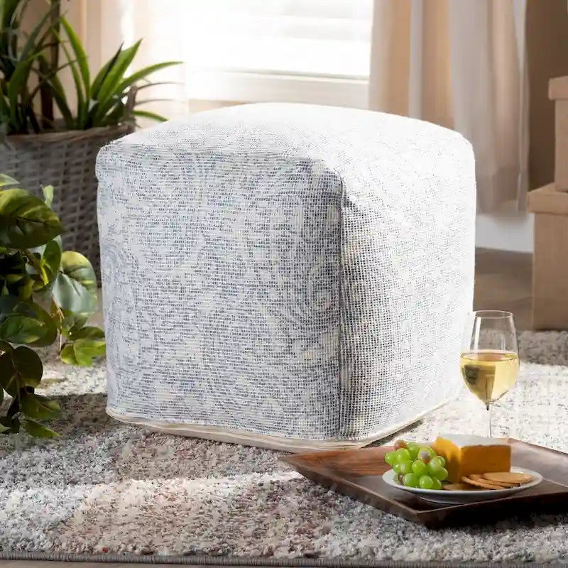 Grey Blue Paisley Pouf Ottoman - Handwoven Cotton-8