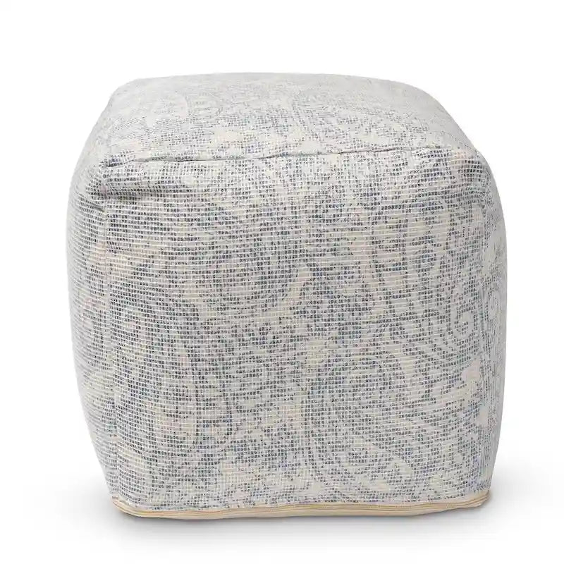 Grey Blue Paisley Pouf Ottoman - Handwoven Cotton-10