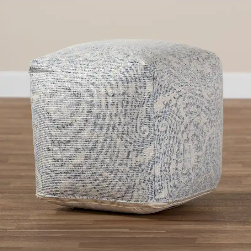 Grey Blue Paisley Pouf Ottoman - Handwoven Cotton-13