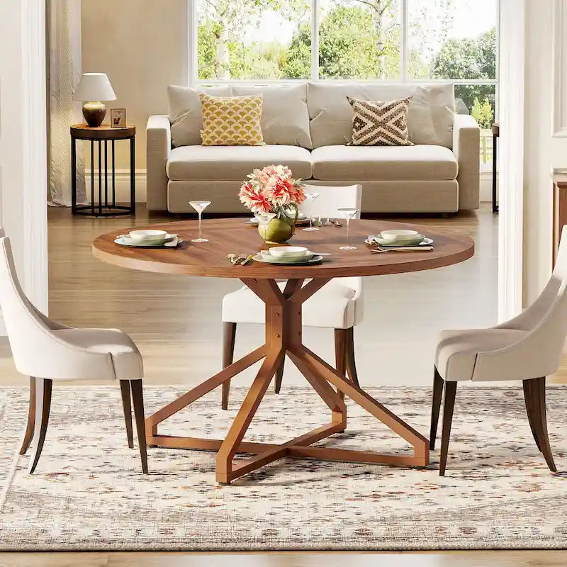 47 Inch Round Dining Table with Metal Pedestal Base for 4-6 People