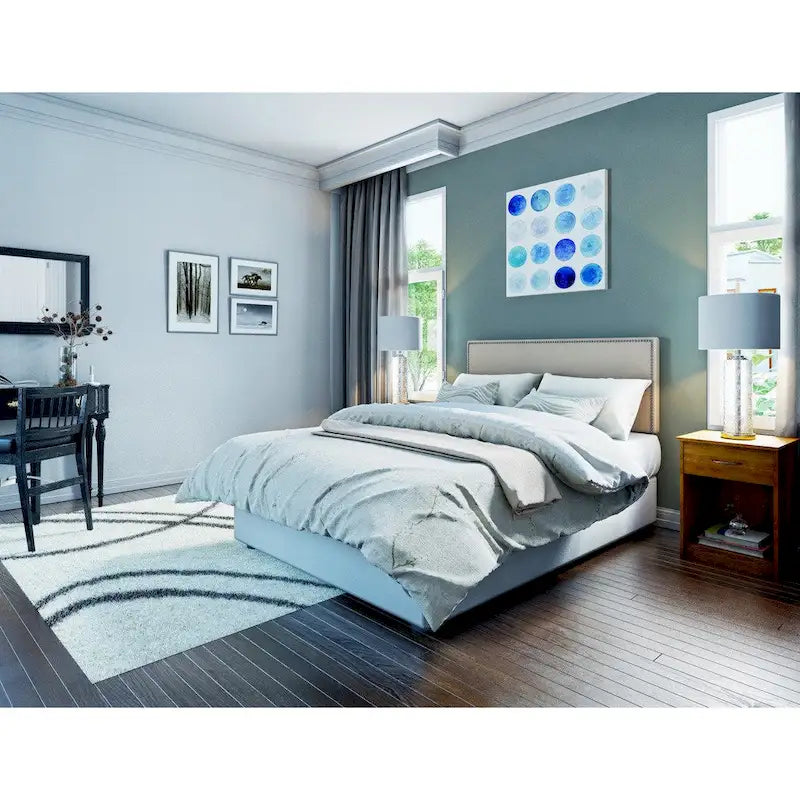 Beige Linen Upholstered Headboard with Nailhead Trim - Full Size