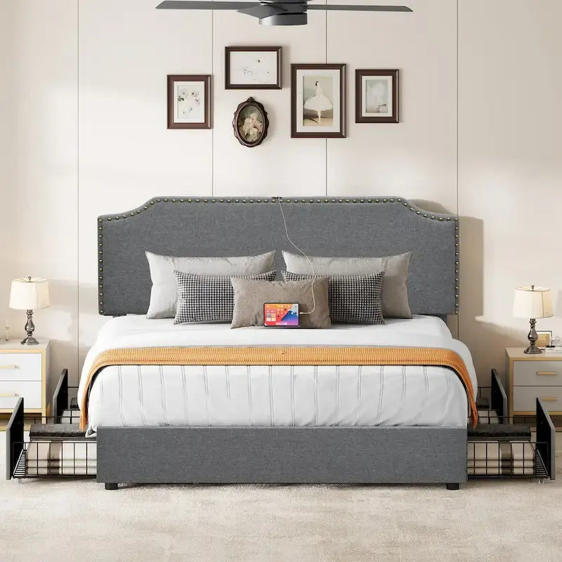 Moasis King Upholstered Rivet Curved Adjustable Headboard Platform Bed Frame 4 Storage Drawers Bed Frame