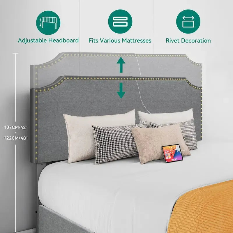 Upholstered Rivet Curved Adjustable Headboard Platform Bed Frame 4 Storage Drawers Bed Frame-3
