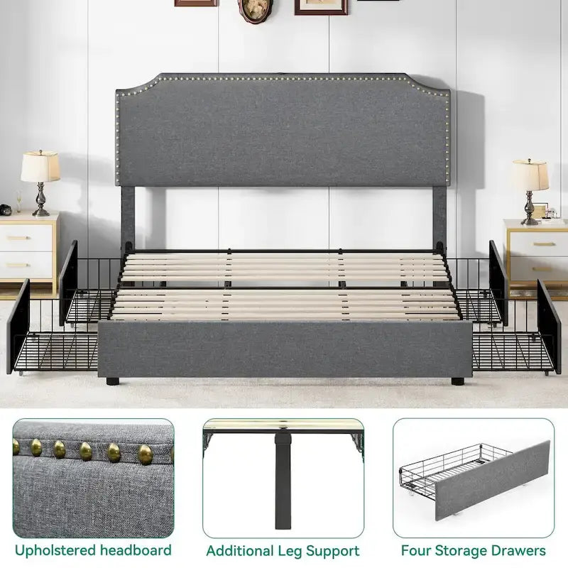 Upholstered Rivet Curved Adjustable Headboard Platform Bed Frame 4 Storage Drawers Bed Frame-4