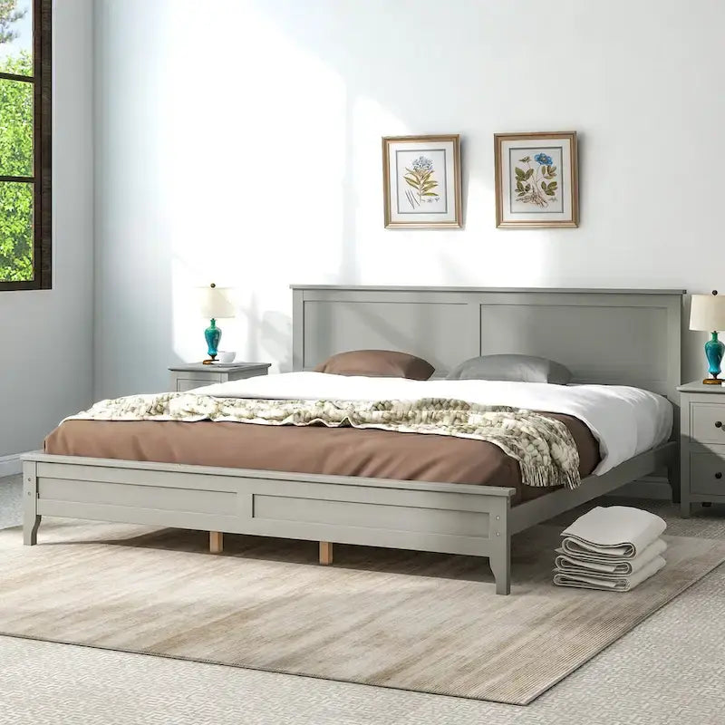 King Platform Bed in Modern Gray Pine Wood - Simple Slat Design, Elegant, High Load Capacity