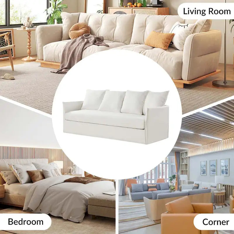 Gray 3-Seater Slipcovered Sofa with Removable Cushions-17