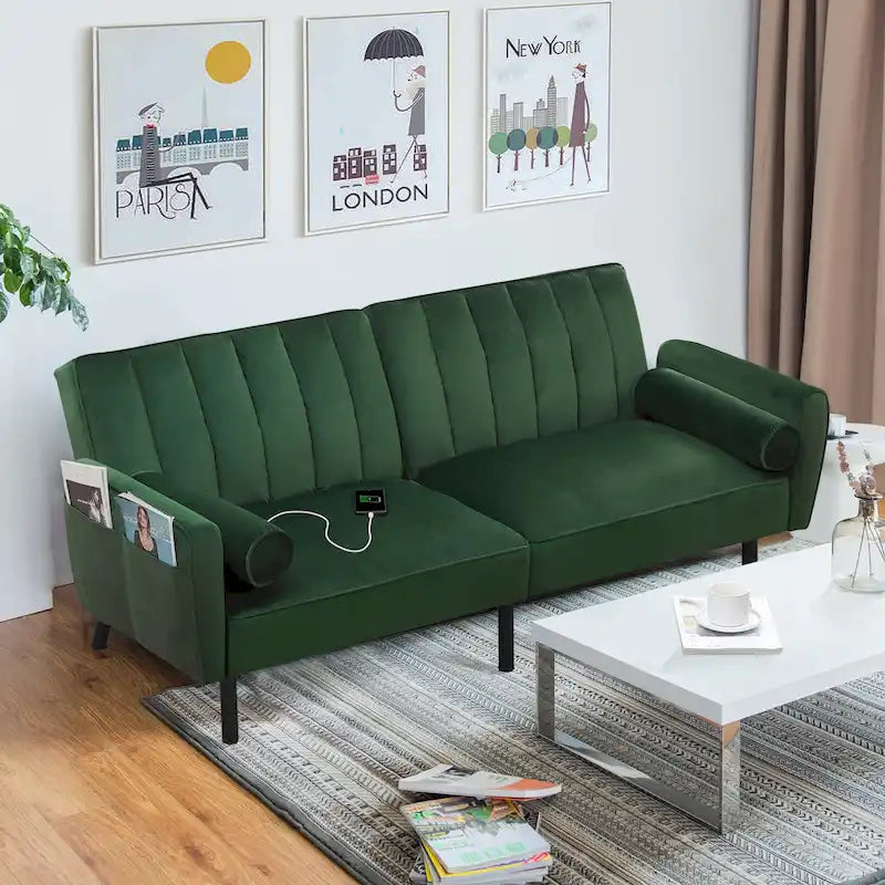 Velvet Futon Sofa Bed Convertible Sofa Couch with Adjustable Backrest, Daybed Guest Bed for Living Room - 2-Person-29