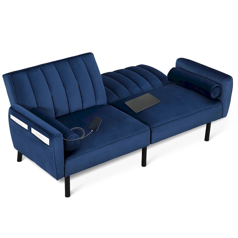 Velvet Futon Sofa Bed Convertible Sofa Couch with Adjustable Backrest, Daybed Guest Bed for Living Room - 2-Person-30