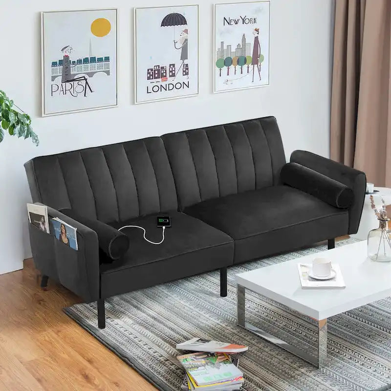 Velvet Futon Sofa Bed Convertible Sofa Couch with Adjustable Backrest, Daybed Guest Bed for Living Room - 2-Person-2