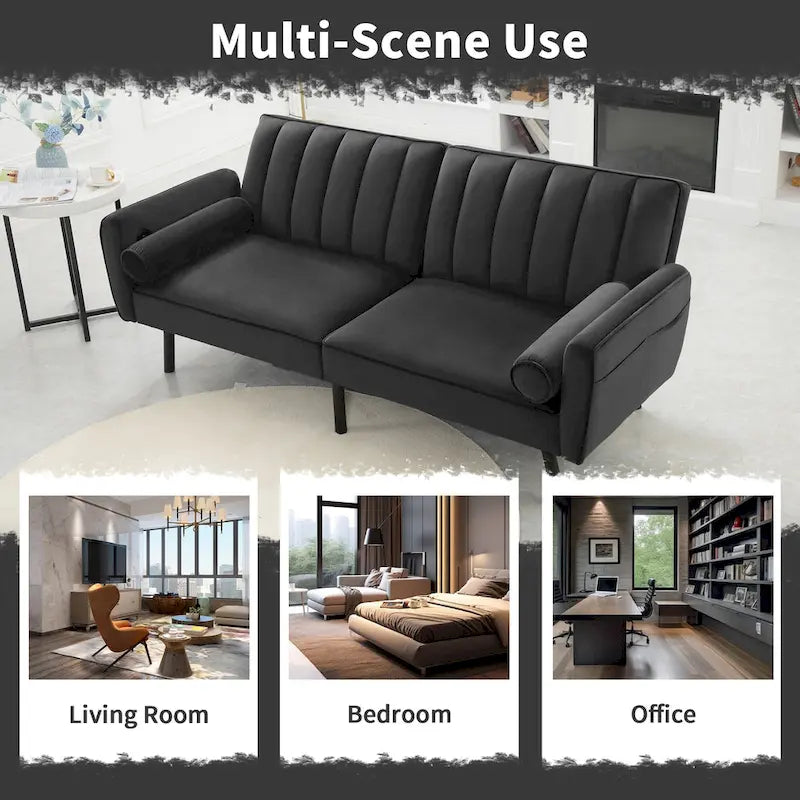Velvet Futon Sofa Bed Convertible Sofa Couch with Adjustable Backrest, Daybed Guest Bed for Living Room - 2-Person-7