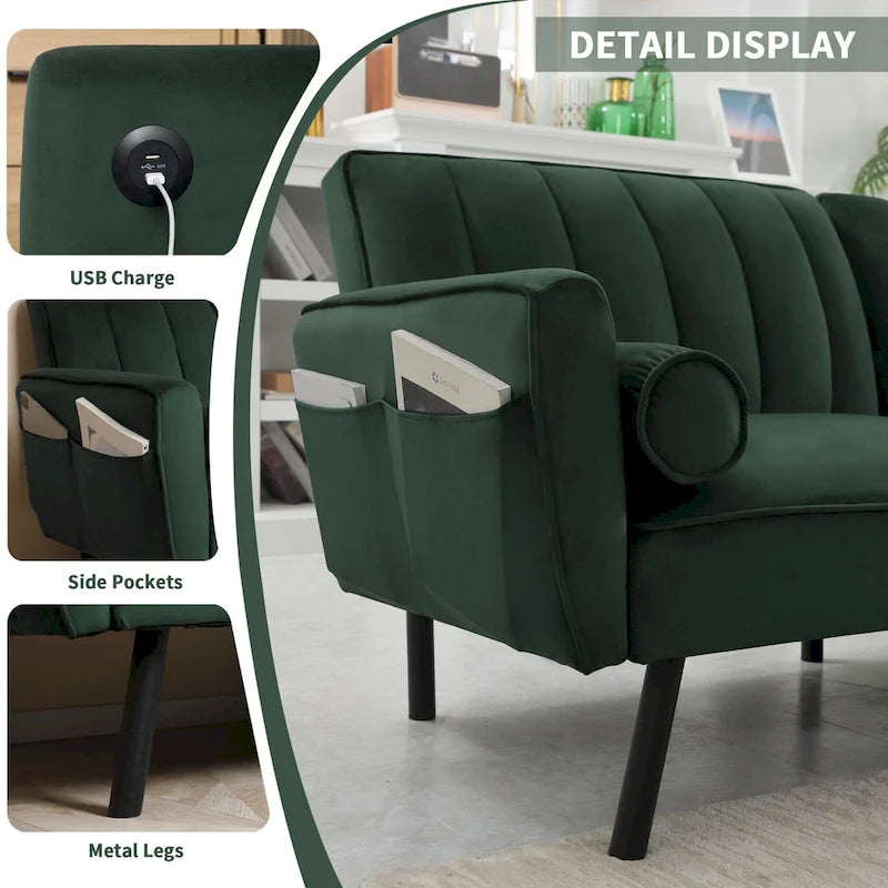 Velvet Futon Sofa Bed Convertible Sofa Couch with Adjustable Backrest, Daybed Guest Bed for Living Room - 2-Person-10